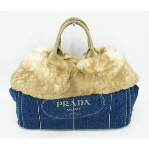 PRADA denim tote bag faux fur lining